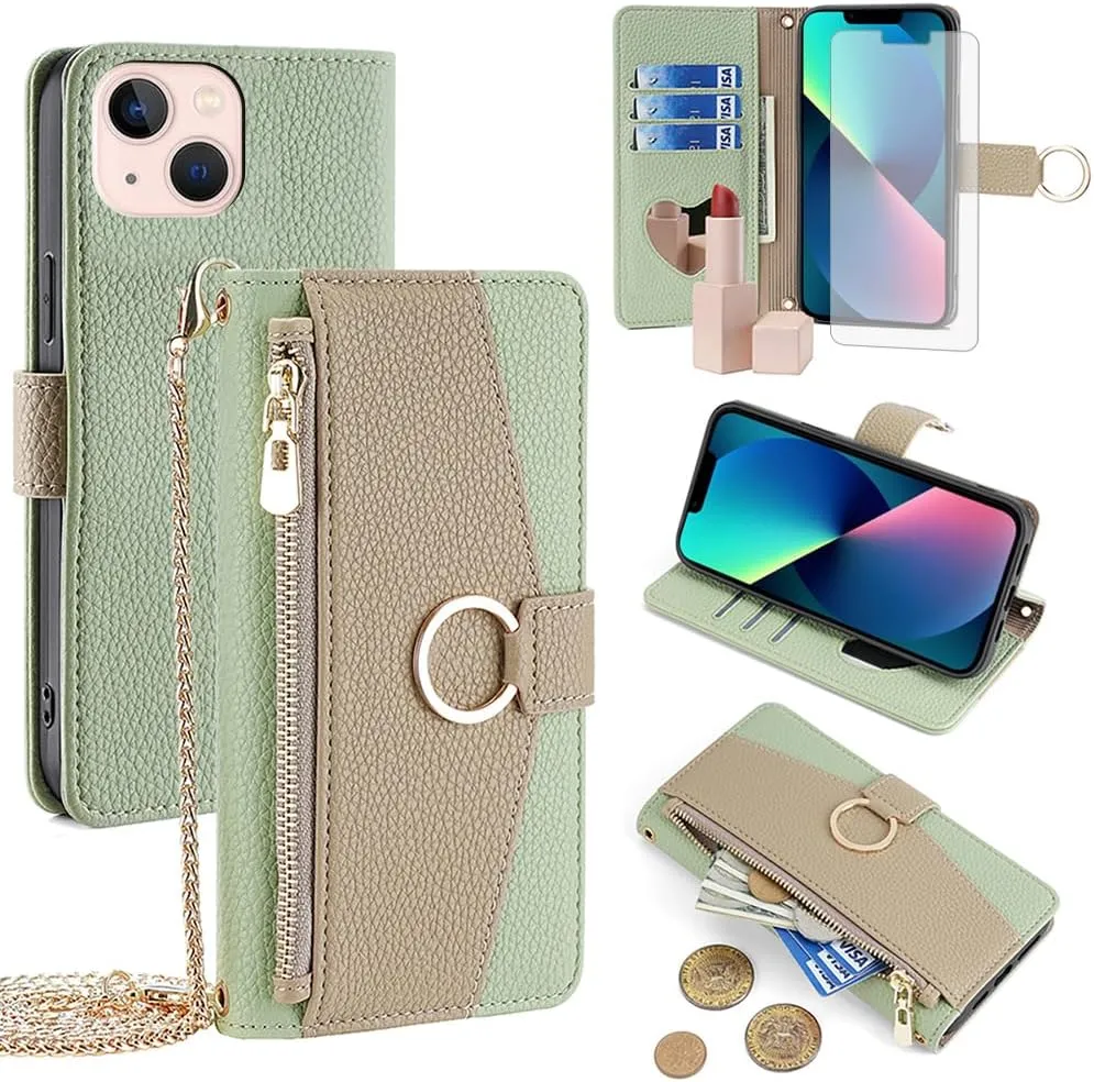 Asuwish Phone Case for iPhone 13 6.1 inch Wallet Cover with Screen Protector and Mirror Flip Cover Ring Card Holder Crossbody Strap Stand Cell iPhone13 5G i i-Phone i13 iPhone13case Women Girls Green