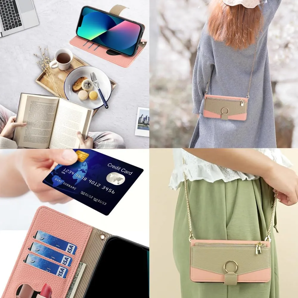 Asuwish Phone Case for iPhone 13 6.1 inch Wallet Cover with Screen Protector and Mirror Flip Cover Ring Card Holder Crossbody Strap Stand Cell iPhone13 5G i i-Phone i13 iPhone13case Women Girls Pink