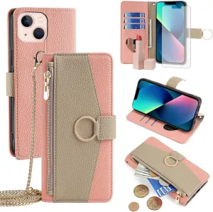 Asuwish Phone Case for iPhone 13 6.1 inch Wallet Cover with Screen Protector and Mirror Flip Cover Ring Card Holder Crossbody Strap Stand Cell iPhone13 5G i i-Phone i13 iPhone13case Women Girls Pink
