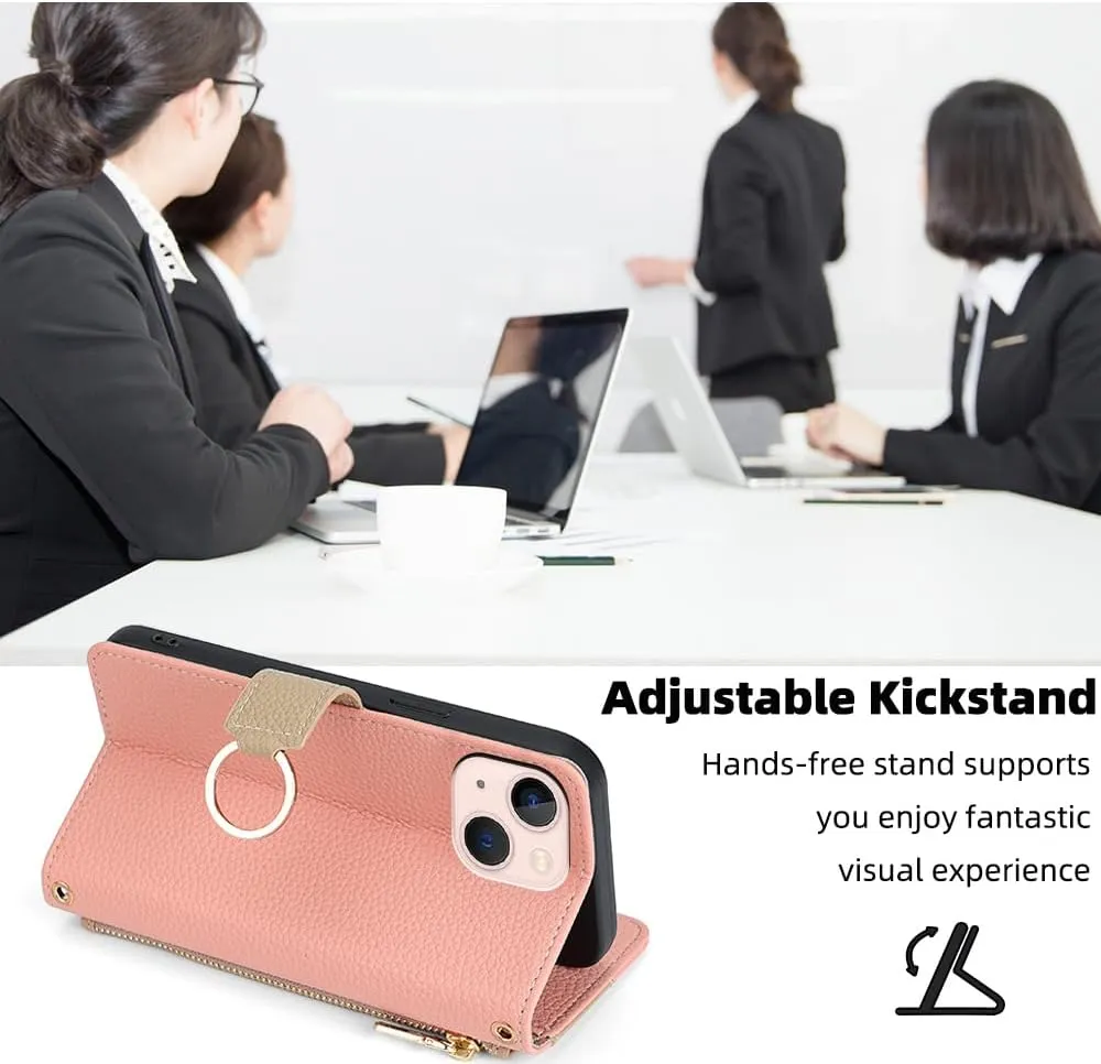 Asuwish Phone Case for iPhone 13 6.1 inch Wallet Cover with Screen Protector and Mirror Flip Cover Ring Card Holder Crossbody Strap Stand Cell iPhone13 5G i i-Phone i13 iPhone13case Women Girls Pink