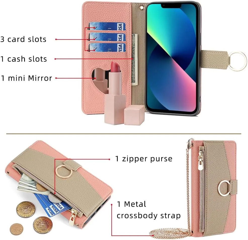 Asuwish Phone Case for iPhone 13 6.1 inch Wallet Cover with Screen Protector and Mirror Flip Cover Ring Card Holder Crossbody Strap Stand Cell iPhone13 5G i i-Phone i13 iPhone13case Women Girls Pink