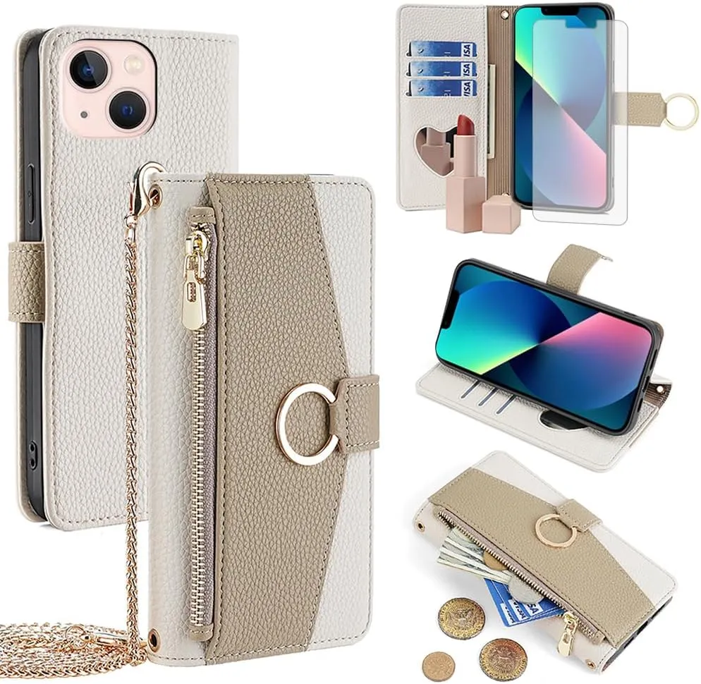 Asuwish Phone Case for iPhone 13 6.1 inch Wallet Cover with Screen Protector and Mirror Flip Cover Ring Card Holder Crossbody Strap Stand Cell iPhone13 5G i i-Phone i13 iPhone13case Women Girls White