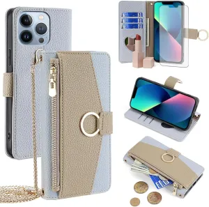 Asuwish Phone Case for iPhone 13 Pro 6.1 inch Wallet Cover with Screen Protector and Mirror Flip Cover Ring Card Holder Crossbody Strap Stand Cell iPhone13Pro 5G i i-Phone i13 iPhone13 13Pro Blue