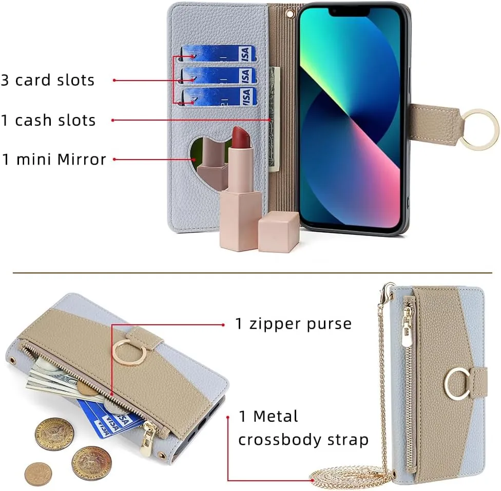 Asuwish Phone Case for iPhone 13 Pro 6.1 inch Wallet Cover with Screen Protector and Mirror Flip Cover Ring Card Holder Crossbody Strap Stand Cell iPhone13Pro 5G i i-Phone i13 iPhone13 13Pro Blue