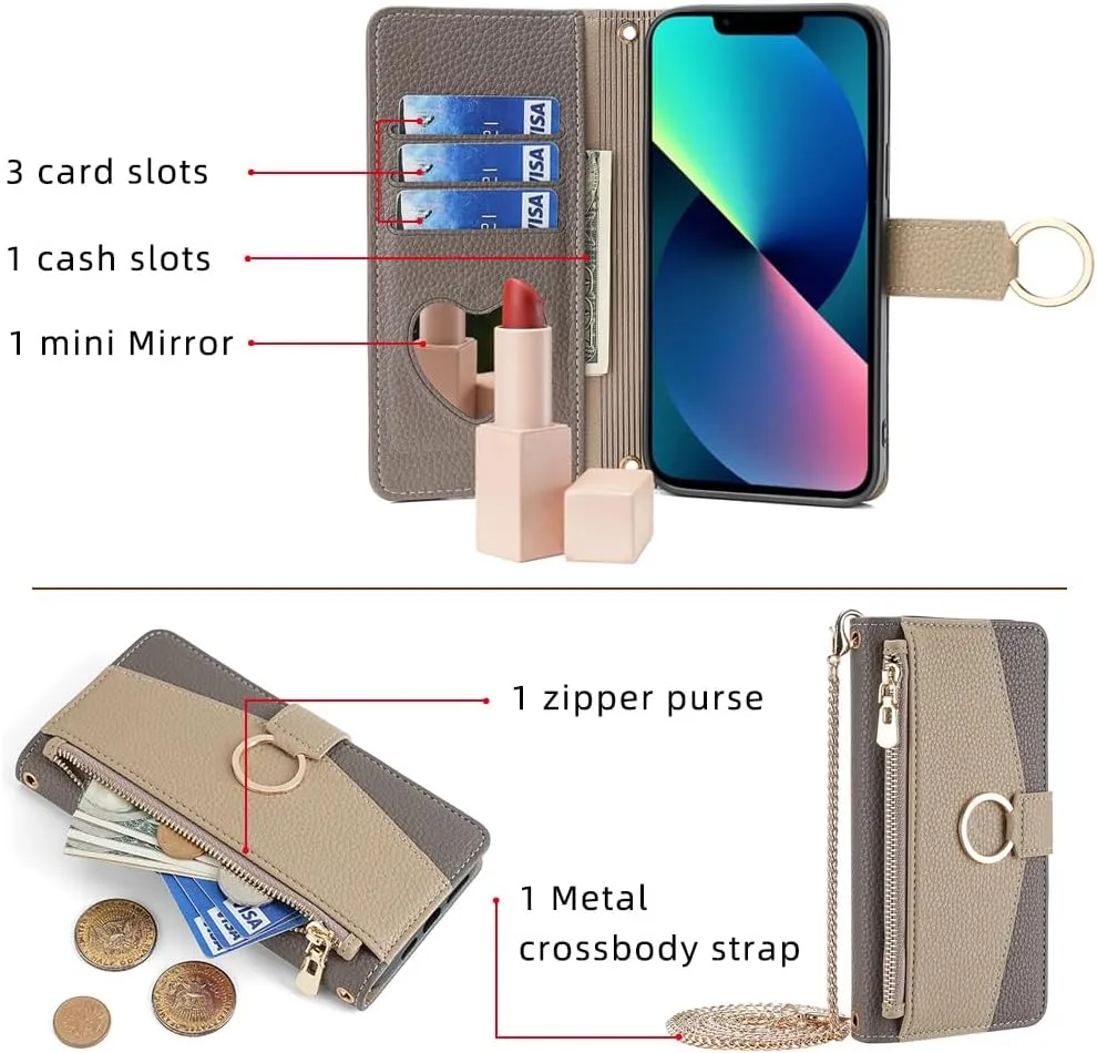 Asuwish Phone Case for iPhone 13 Pro 6.1 inch Wallet Cover with Screen Protector and Mirror Flip Cover Ring Card Holder Crossbody Strap Stand Cell iPhone13Pro 5G i i-Phone i13 iPhone13 13Pro Gray