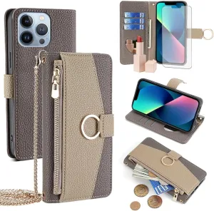 Asuwish Phone Case for iPhone 13 Pro 6.1 inch Wallet Cover with Screen Protector and Mirror Flip Cover Ring Card Holder Crossbody Strap Stand Cell iPhone13Pro 5G i i-Phone i13 iPhone13 13Pro Gray