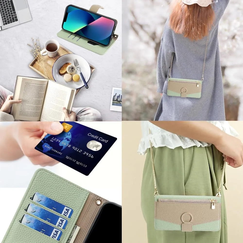 Asuwish Phone Case for iPhone 13 Pro 6.1 inch Wallet Cover with Screen Protector and Mirror Flip Cover Ring Card Holder Crossbody Strap Stand Cell iPhone13Pro 5G i i-Phone i13 iPhone13 13Pro Green