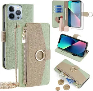 Asuwish Phone Case for iPhone 13 Pro 6.1 inch Wallet Cover with Screen Protector and Mirror Flip Cover Ring Card Holder Crossbody Strap Stand Cell iPhone13Pro 5G i i-Phone i13 iPhone13 13Pro Green