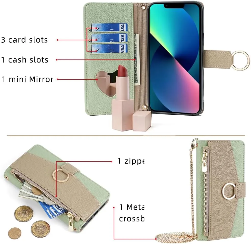 Asuwish Phone Case for iPhone 13 Pro 6.1 inch Wallet Cover with Screen Protector and Mirror Flip Cover Ring Card Holder Crossbody Strap Stand Cell iPhone13Pro 5G i i-Phone i13 iPhone13 13Pro Green