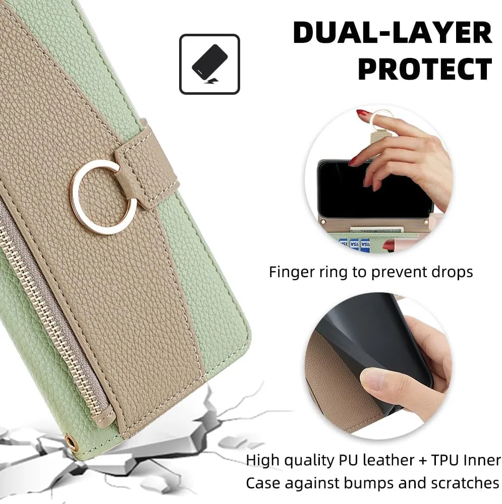 Asuwish Phone Case for iPhone 13 Pro 6.1 inch Wallet Cover with Screen Protector and Mirror Flip Cover Ring Card Holder Crossbody Strap Stand Cell iPhone13Pro 5G i i-Phone i13 iPhone13 13Pro Green