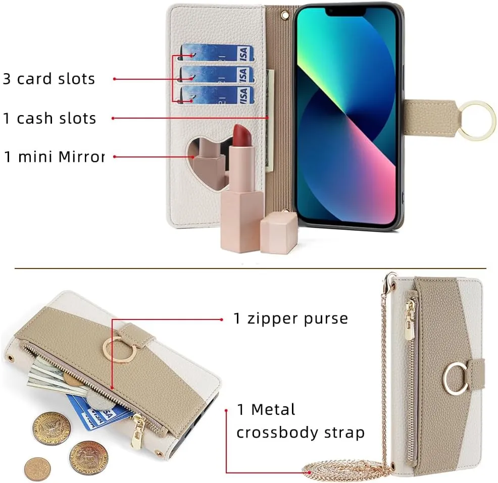 Asuwish Phone Case for iPhone 13 Pro 6.1 inch Wallet Cover with Screen Protector and Mirror Flip Cover Ring Card Holder Crossbody Strap Stand Cell iPhone13Pro 5G i i-Phone i13 iPhone13 13Pro White