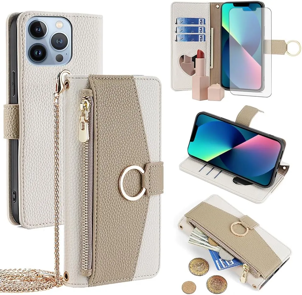 Asuwish Phone Case for iPhone 13 Pro 6.1 inch Wallet Cover with Screen Protector and Mirror Flip Cover Ring Card Holder Crossbody Strap Stand Cell iPhone13Pro 5G i i-Phone i13 iPhone13 13Pro White