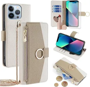 Asuwish Phone Case for iPhone 13 Pro 6.1 inch Wallet Cover with Screen Protector and Mirror Flip Cover Ring Card Holder Crossbody Strap Stand Cell iPhone13Pro 5G i i-Phone i13 iPhone13 13Pro White