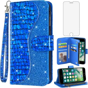Asuwish Phone Case for iPhone 7/8/SE 2020/2022 Wallet Cover with Screen Protector Bling Glitter Flip Zipper Card Holder Cell iPhone7 iPhone8 7s 8s i SE2020 SE2022 2/2nd/3/3rd Generation SE2 SE3 Blue