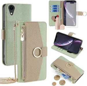 Asuwish Phone Case for iPhone XR 6.1 Wallet Cover with Screen Protector and Mirror Flip Cover Ring Card Holder Crossbody Strap Cell iPhoneXR iPhone10R i Phonex 10XR 10R RX CR iPhoneXRcases Green