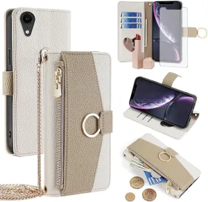 Asuwish Phone Case for iPhone XR 6.1 Wallet Cover with Screen Protector and Mirror Flip Cover Ring Card Holder Crossbody Strap Cell iPhoneXR iPhone10R i Phonex 10XR 10R RX CR iPhoneXRcases White