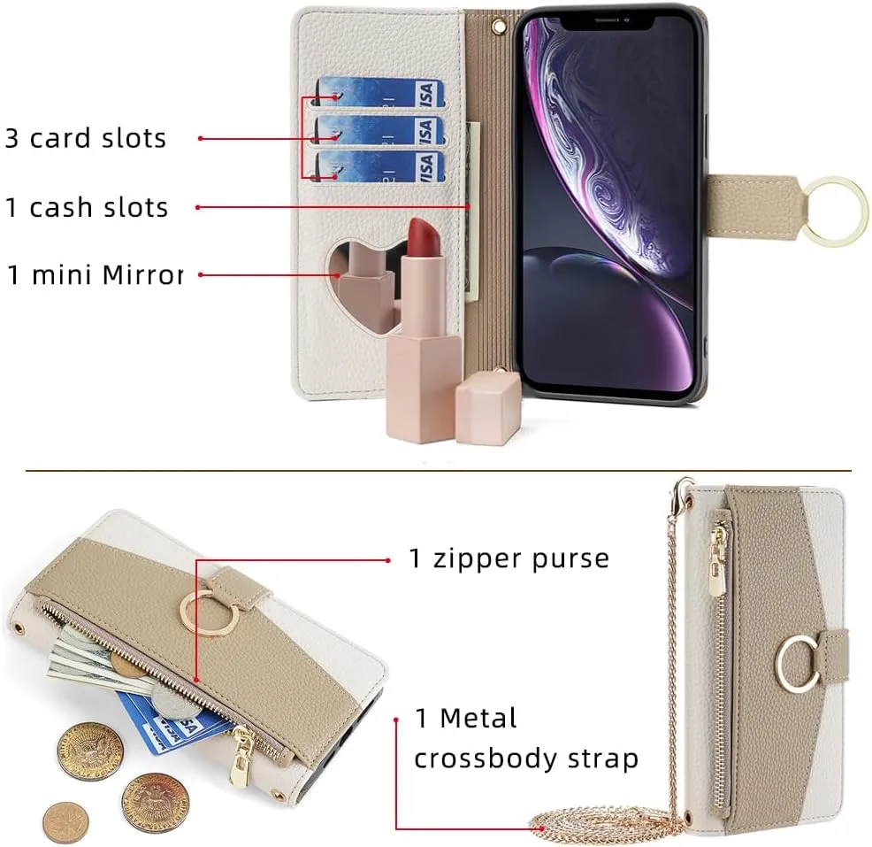 Asuwish Phone Case for iPhone XR 6.1 Wallet Cover with Screen Protector and Mirror Flip Cover Ring Card Holder Crossbody Strap Cell iPhoneXR iPhone10R i Phonex 10XR 10R RX CR iPhoneXRcases White