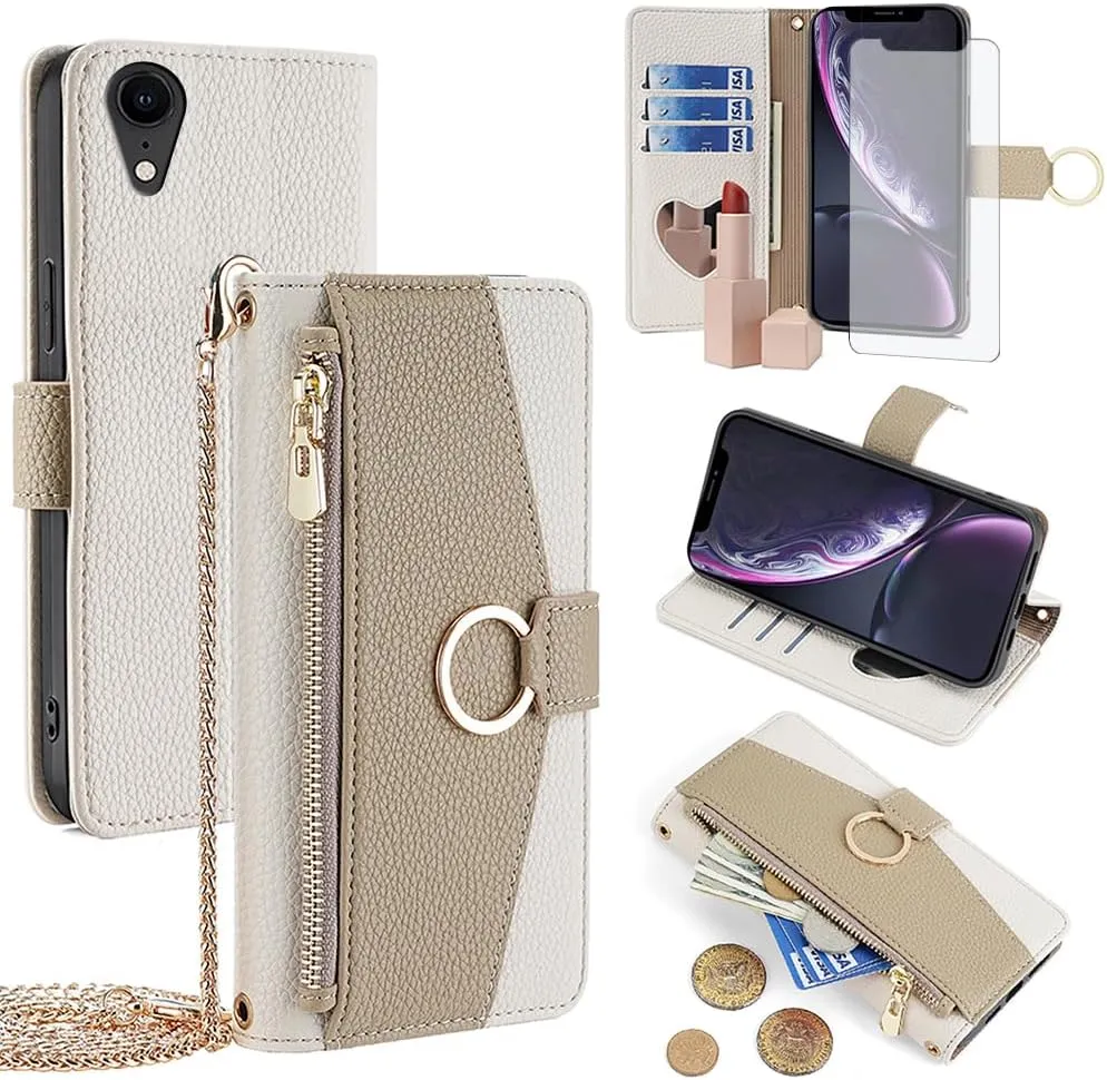 Asuwish Phone Case for iPhone XR 6.1 Wallet Cover with Screen Protector and Mirror Flip Cover Ring Card Holder Crossbody Strap Cell iPhoneXR iPhone10R i Phonex 10XR 10R RX CR iPhoneXRcases White