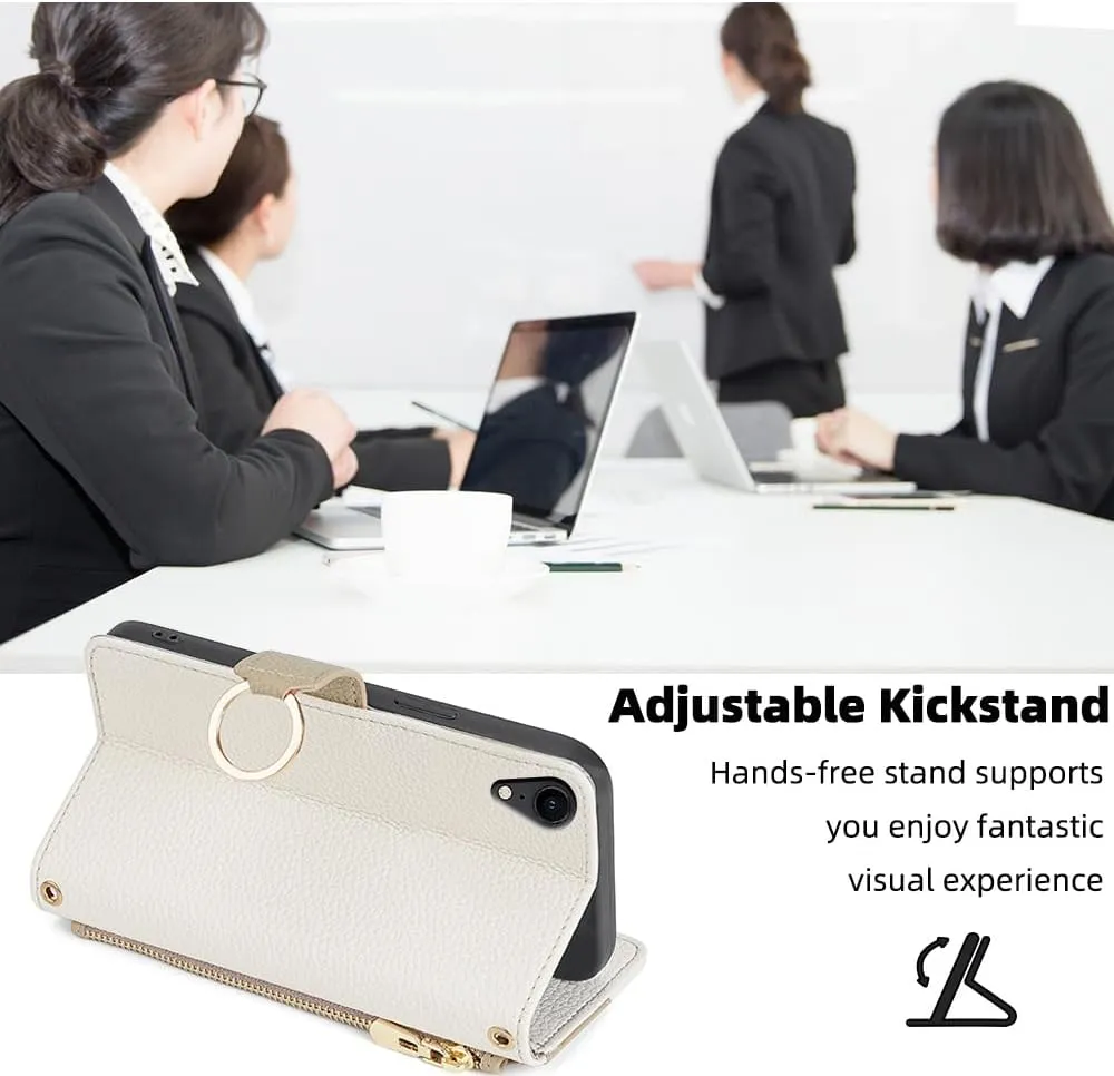 Asuwish Phone Case for iPhone XR 6.1 Wallet Cover with Screen Protector and Mirror Flip Cover Ring Card Holder Crossbody Strap Cell iPhoneXR iPhone10R i Phonex 10XR 10R RX CR iPhoneXRcases White