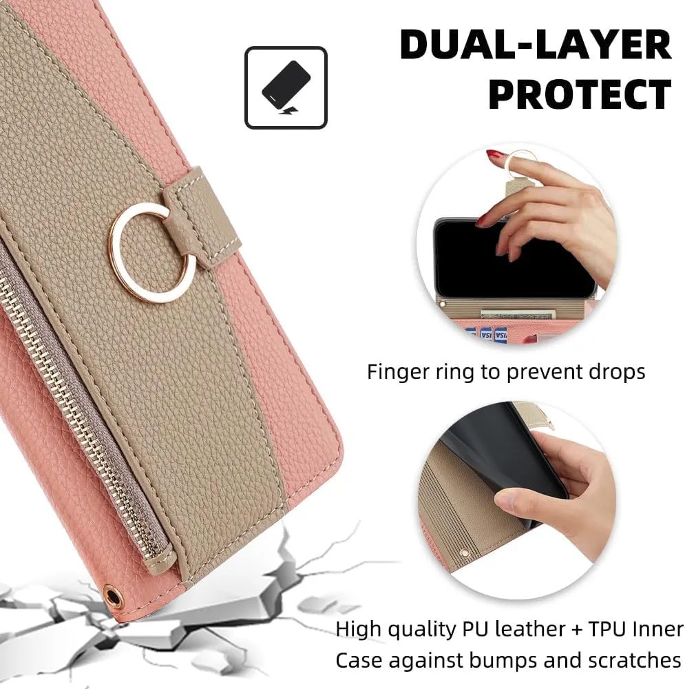 Asuwish Phone Case for iPhone Xs Max Wallet Cover with Screen Protector and Mirror Flip Cover Ring Card Holder Crossbody Strap Cell i X XR Xsmax 10x SX Xmax 10xs 10s 10 Plus Xmaxs Women Girls Pink