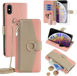 Asuwish Phone Case for iPhone Xs Max Wallet Cover with Screen Protector and Mirror Flip Cover Ring Card Holder Crossbody Strap Cell i X XR Xsmax 10x SX Xmax 10xs 10s 10 Plus Xmaxs Women Girls Pink