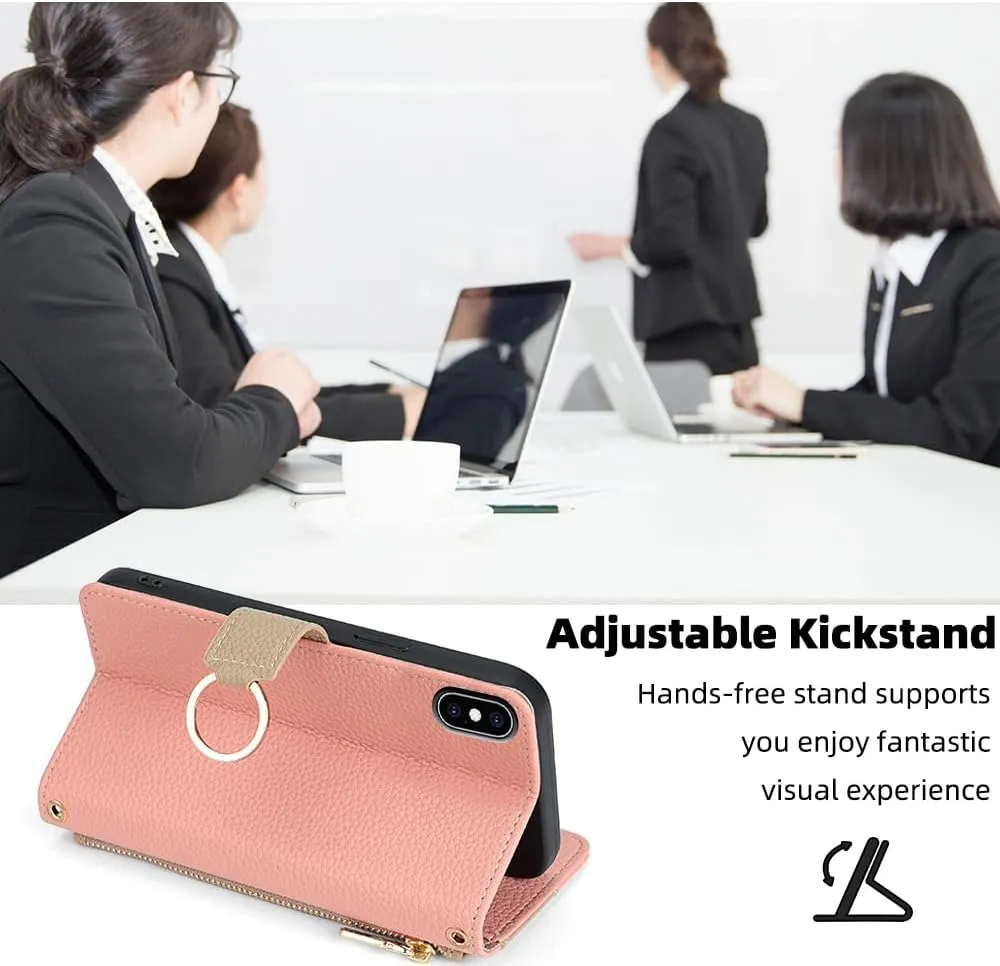 Asuwish Phone Case for iPhone Xs Max Wallet Cover with Screen Protector and Mirror Flip Cover Ring Card Holder Crossbody Strap Cell i X XR Xsmax 10x SX Xmax 10xs 10s 10 Plus Xmaxs Women Girls Pink