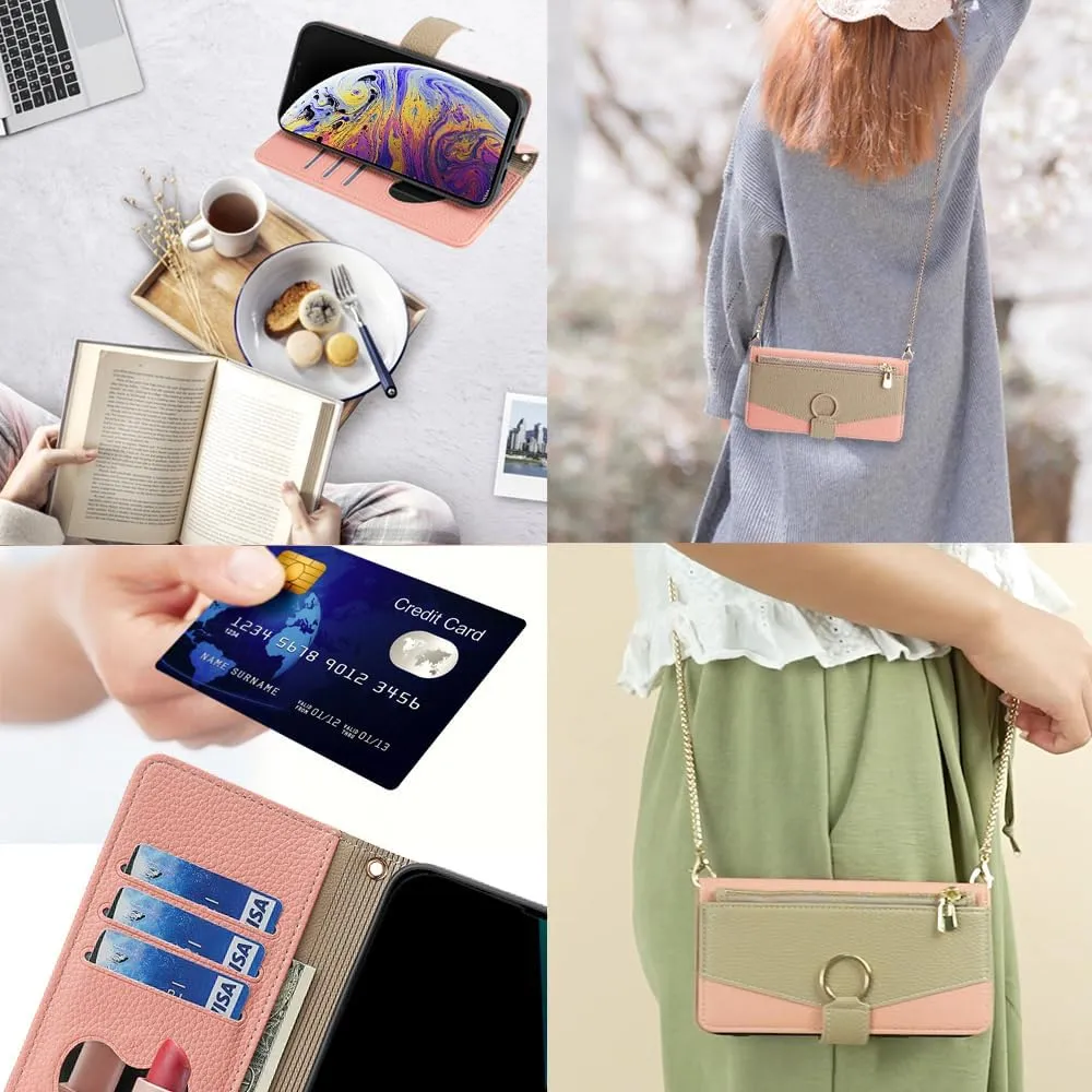 Asuwish Phone Case for iPhone Xs Max Wallet Cover with Screen Protector and Mirror Flip Cover Ring Card Holder Crossbody Strap Cell i X XR Xsmax 10x SX Xmax 10xs 10s 10 Plus Xmaxs Women Girls Pink