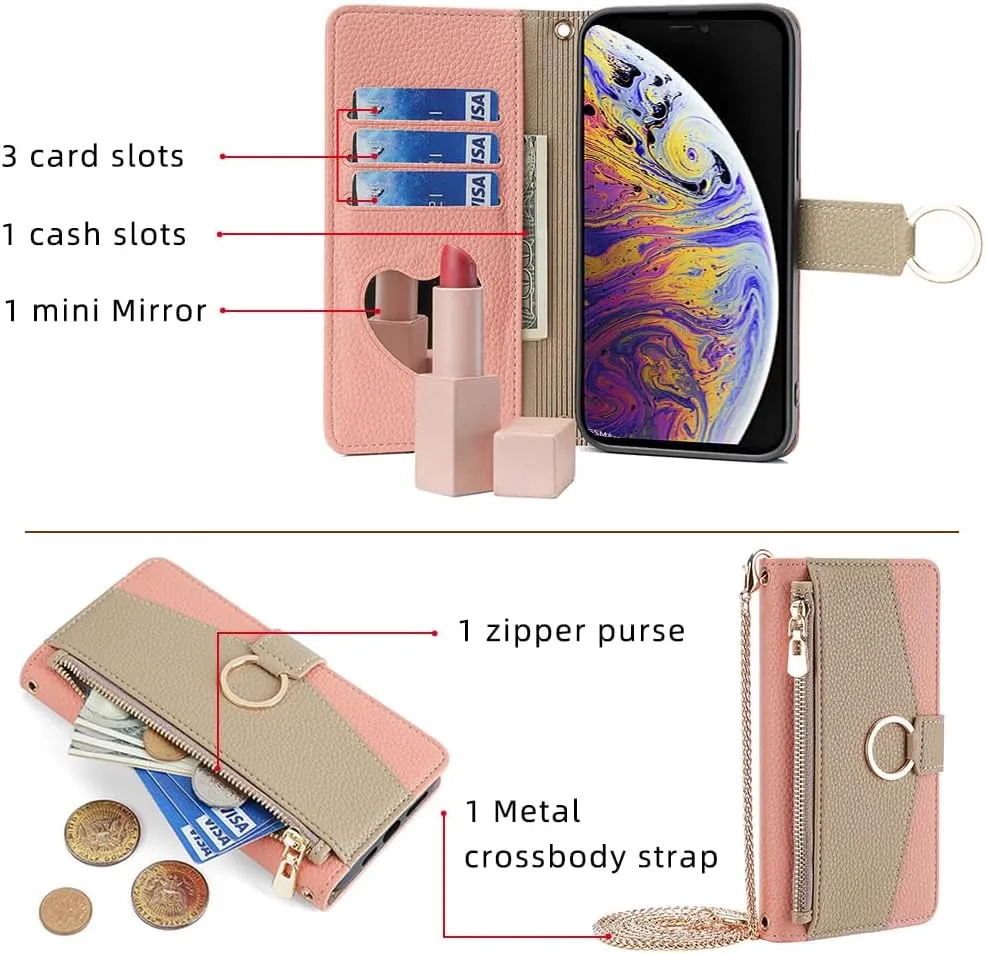 Asuwish Phone Case for iPhone Xs Max Wallet Cover with Screen Protector and Mirror Flip Cover Ring Card Holder Crossbody Strap Cell i X XR Xsmax 10x SX Xmax 10xs 10s 10 Plus Xmaxs Women Girls Pink