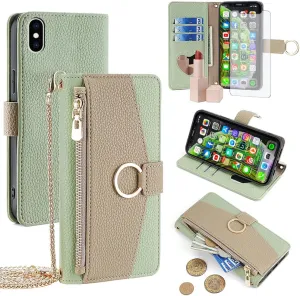 Asuwish Phone Case for iPhone Xs X 10 10s Wallet Cover with Screen Protector and Mirror Flip Cover Ring Card Holder Crossbody Strap Stand Cell iPhoneX iPhoneXs iPhone10 i PhoneX SX 10x 10xs Xs Green