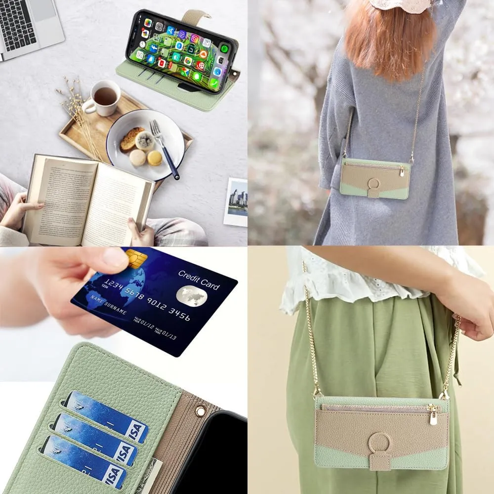Asuwish Phone Case for iPhone Xs X 10 10s Wallet Cover with Screen Protector and Mirror Flip Cover Ring Card Holder Crossbody Strap Stand Cell iPhoneX iPhoneXs iPhone10 i PhoneX SX 10x 10xs Xs Green