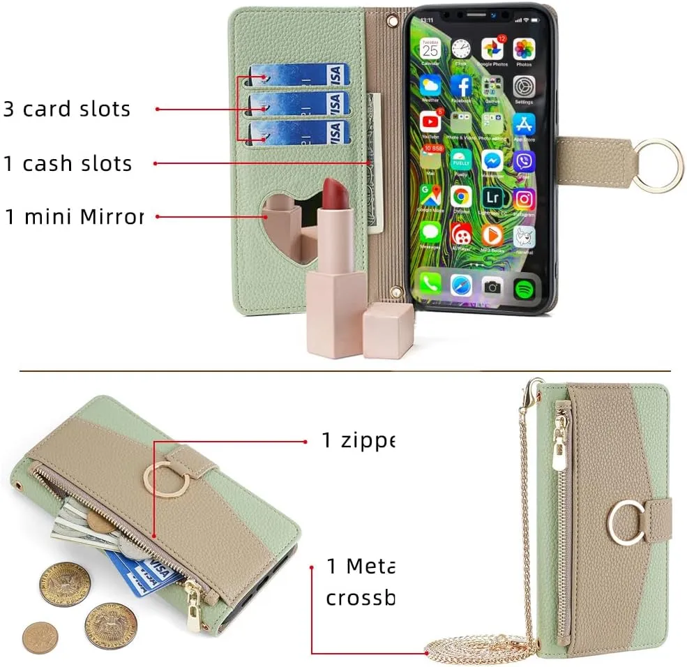 Asuwish Phone Case for iPhone Xs X 10 10s Wallet Cover with Screen Protector and Mirror Flip Cover Ring Card Holder Crossbody Strap Stand Cell iPhoneX iPhoneXs iPhone10 i PhoneX SX 10x 10xs Xs Green