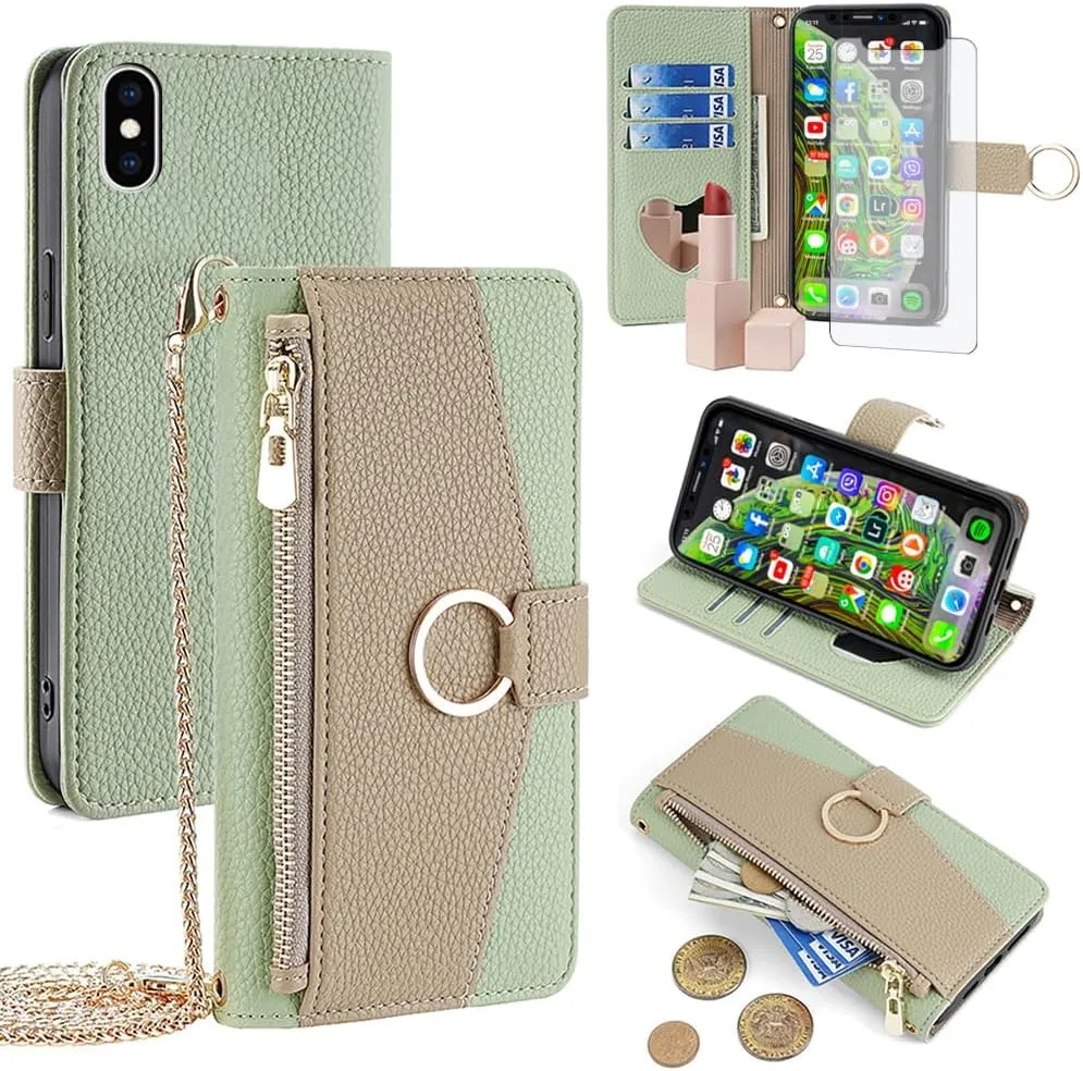 Asuwish Phone Case for iPhone Xs X 10 10s Wallet Cover with Screen Protector and Mirror Flip Cover Ring Card Holder Crossbody Strap Stand Cell iPhoneX iPhoneXs iPhone10 i PhoneX SX 10x 10xs Xs Green