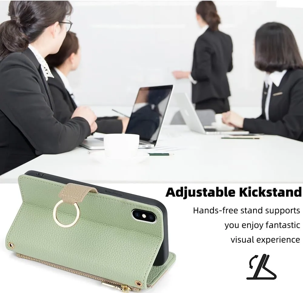 Asuwish Phone Case for iPhone Xs X 10 10s Wallet Cover with Screen Protector and Mirror Flip Cover Ring Card Holder Crossbody Strap Stand Cell iPhoneX iPhoneXs iPhone10 i PhoneX SX 10x 10xs Xs Green