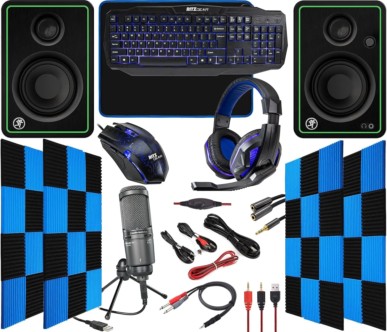 Audio-Technica AT2020USB  Cardioid Condenser USB Microphone Kit with RitzGear Blue Gaming Kit with CR3-X Studio Monitors and 24 Pack Acoustic Soundproof Wedge Panels