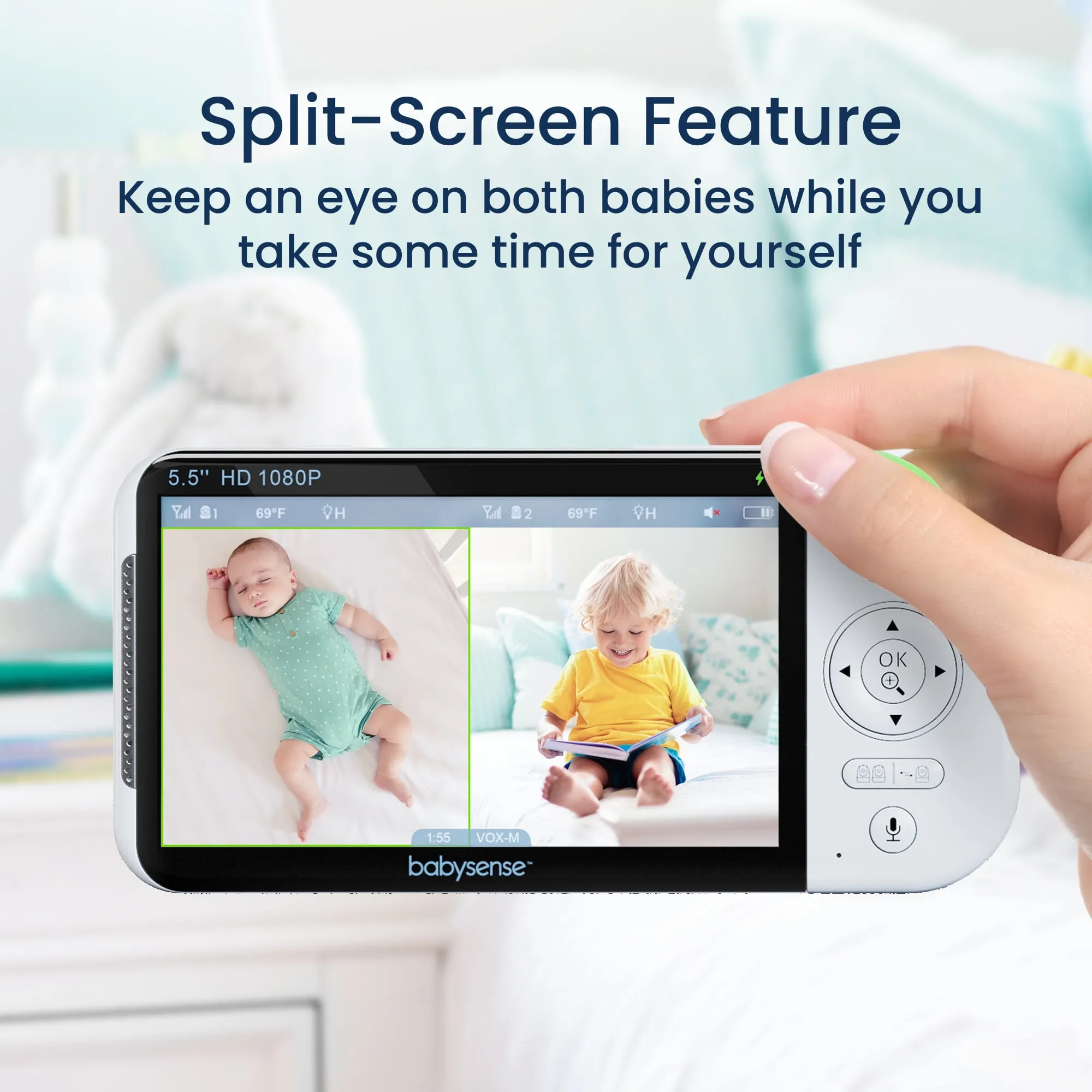 Babysense Max View: Video Baby Monitor, One Camera, Non Wifi, Split Screen, Night Light & Sound Machine