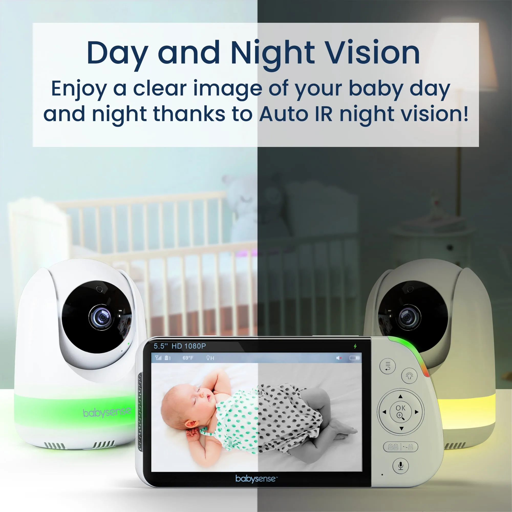Babysense Max View: Video Baby Monitor, One Camera, Non Wifi, Split Screen, Night Light & Sound Machine