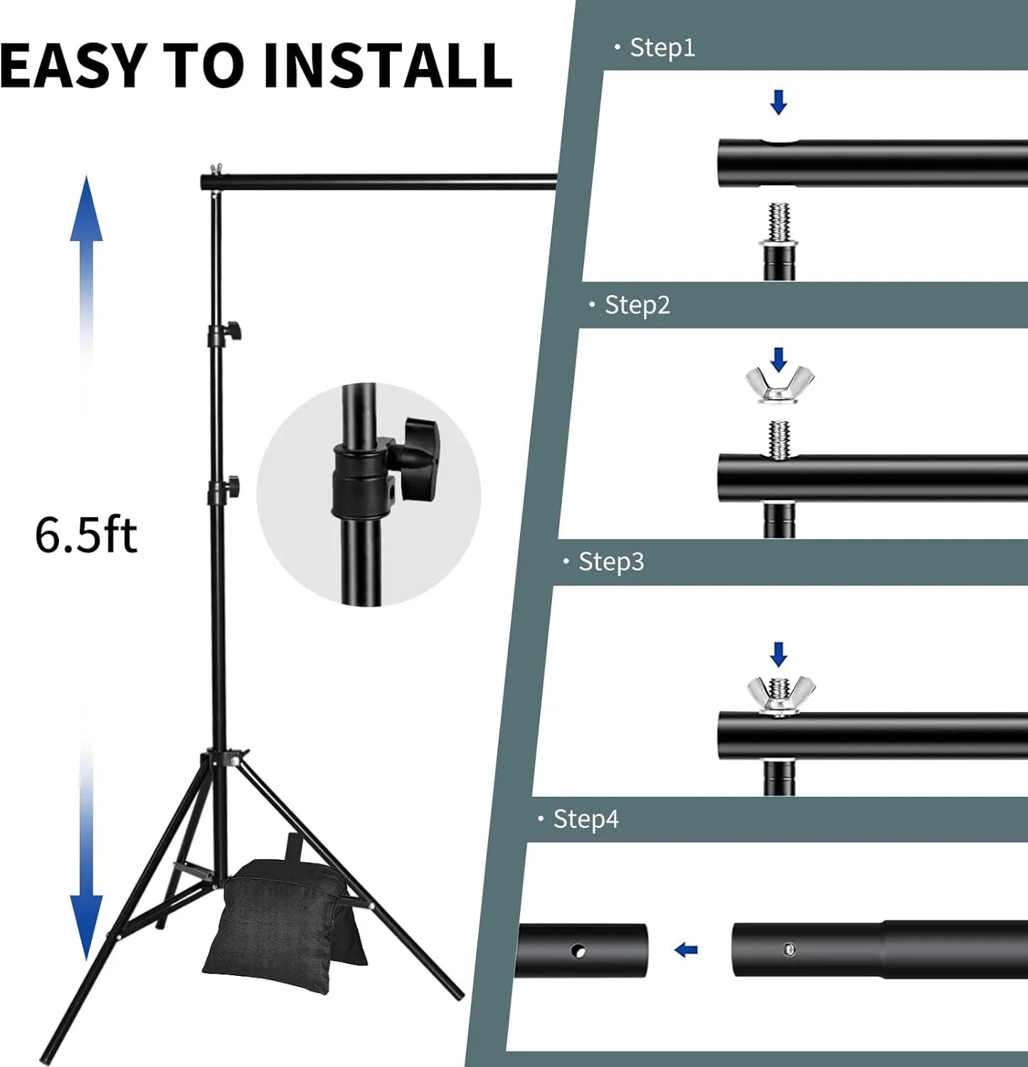 Backdrop Stand 6.5x6.5ft Adjustable Photo Studio Background Stand Support Frame Heavy Duty Photo Backdrop Stand Kit for Parties Wedding With 3 Crossbars 4 Backdrop Clamps,2 Sandbags Carrybag