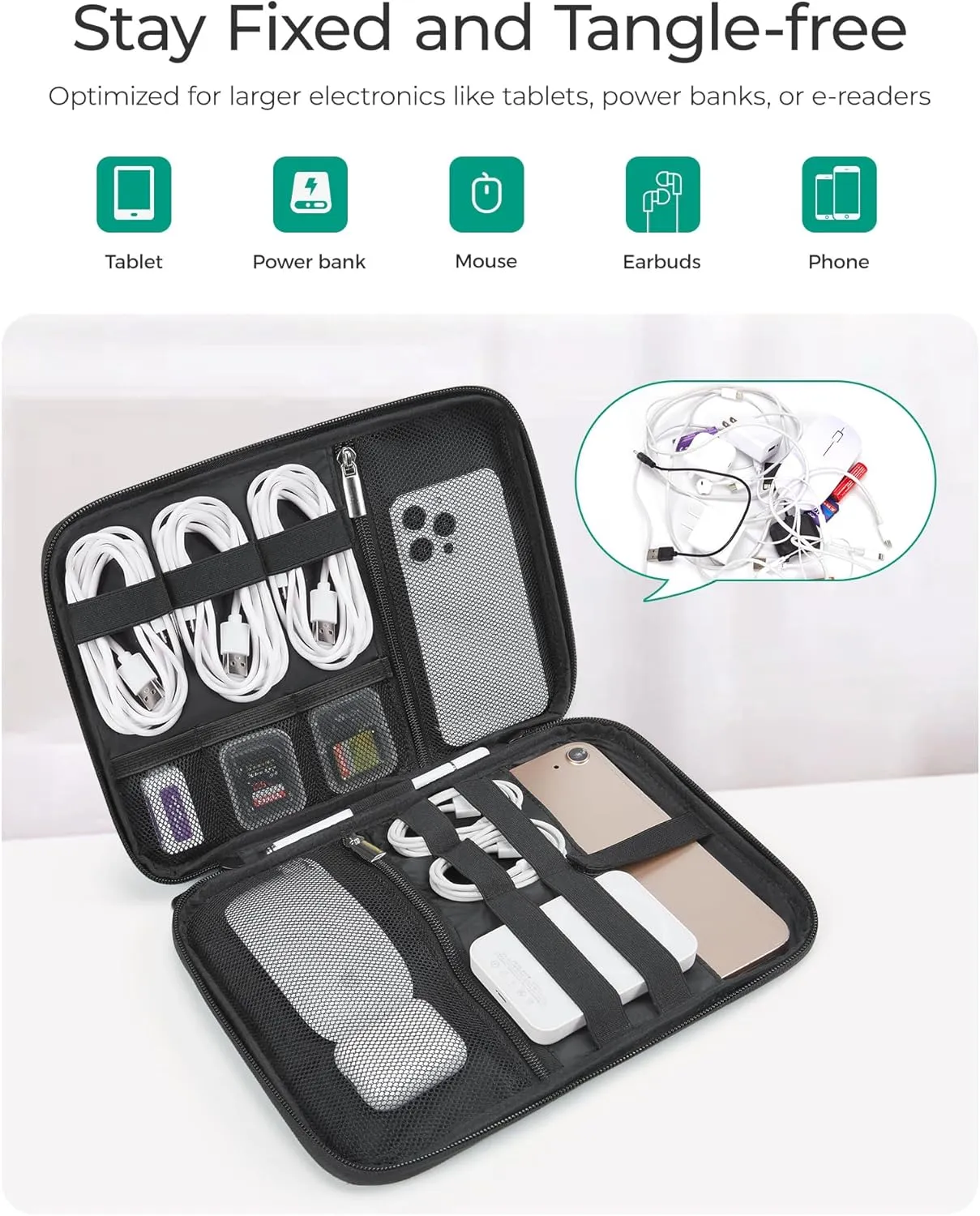 BAGSMART Electronics Travel Organizer Case for 10.2 Inch Tablets, Tech Pouch Essentials for Power Bank, SD Cards, Cord and Cable Storage Bag, Black