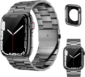 Band Suitable for Apple Watch Bands 44mm 42mm 40mm 38mm, Solid Stainless Steel Metal Replacement Strap with Case for iWatch SE Series 9/8/7/6/5/4/3/2/1 for Men Women