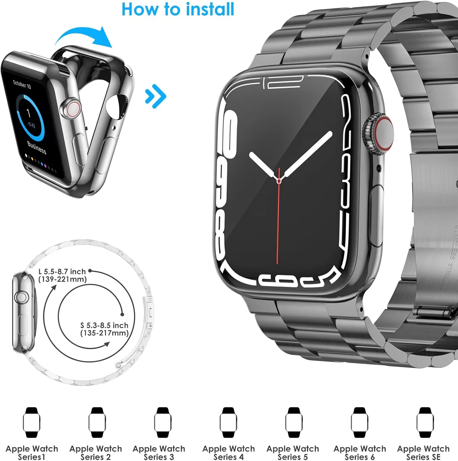 Band Suitable for Apple Watch Bands 44mm 42mm 40mm 38mm, Solid Stainless Steel Metal Replacement Strap with Case for iWatch SE Series 9/8/7/6/5/4/3/2/1 for Men Women