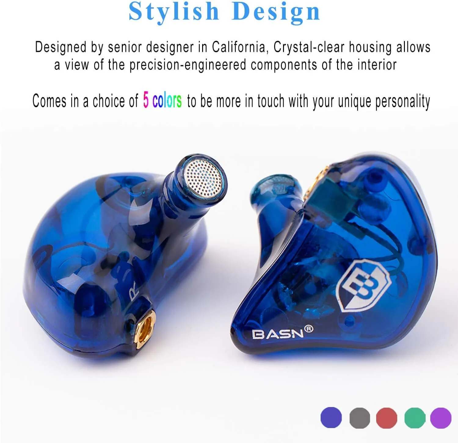 BASN High-Definition in Ear Monitor Headphones for Musicians with Detachable MMCX Earbuds; Dual Dynamic Drivers and Noise-Isolating (Blue)