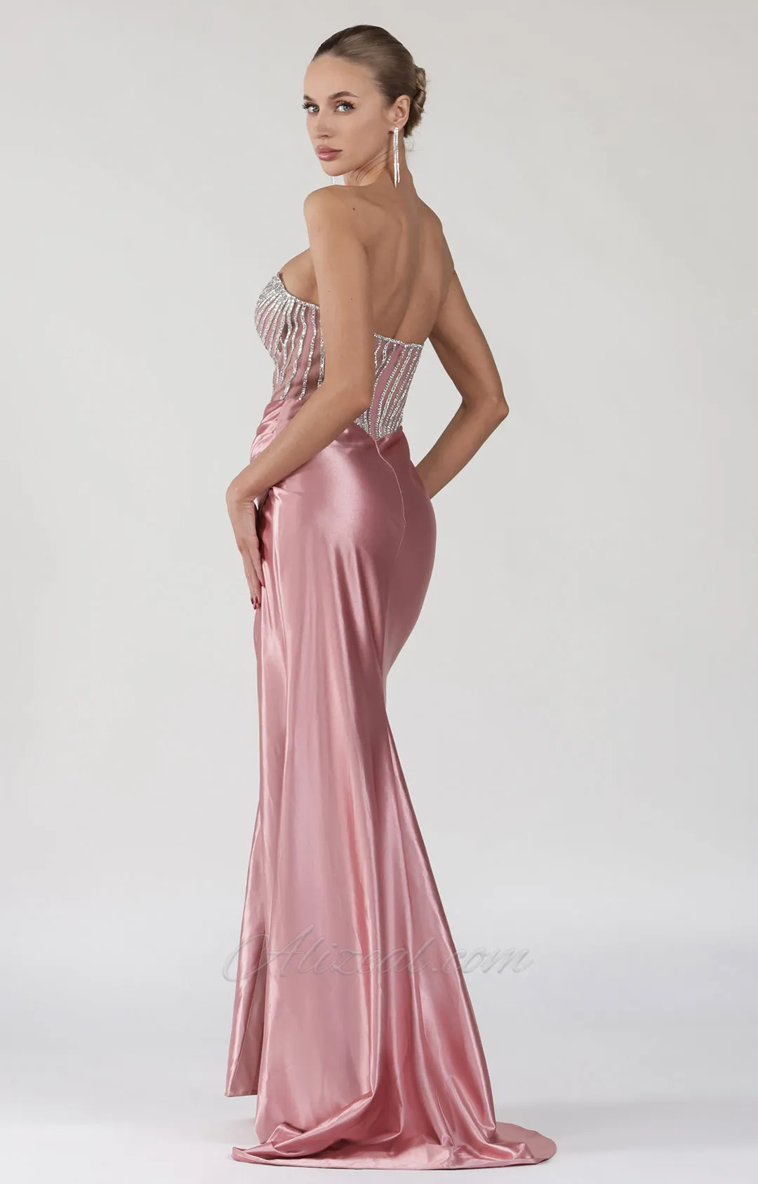 Beaded Strapless Sheer Waist High Split Dress with Train