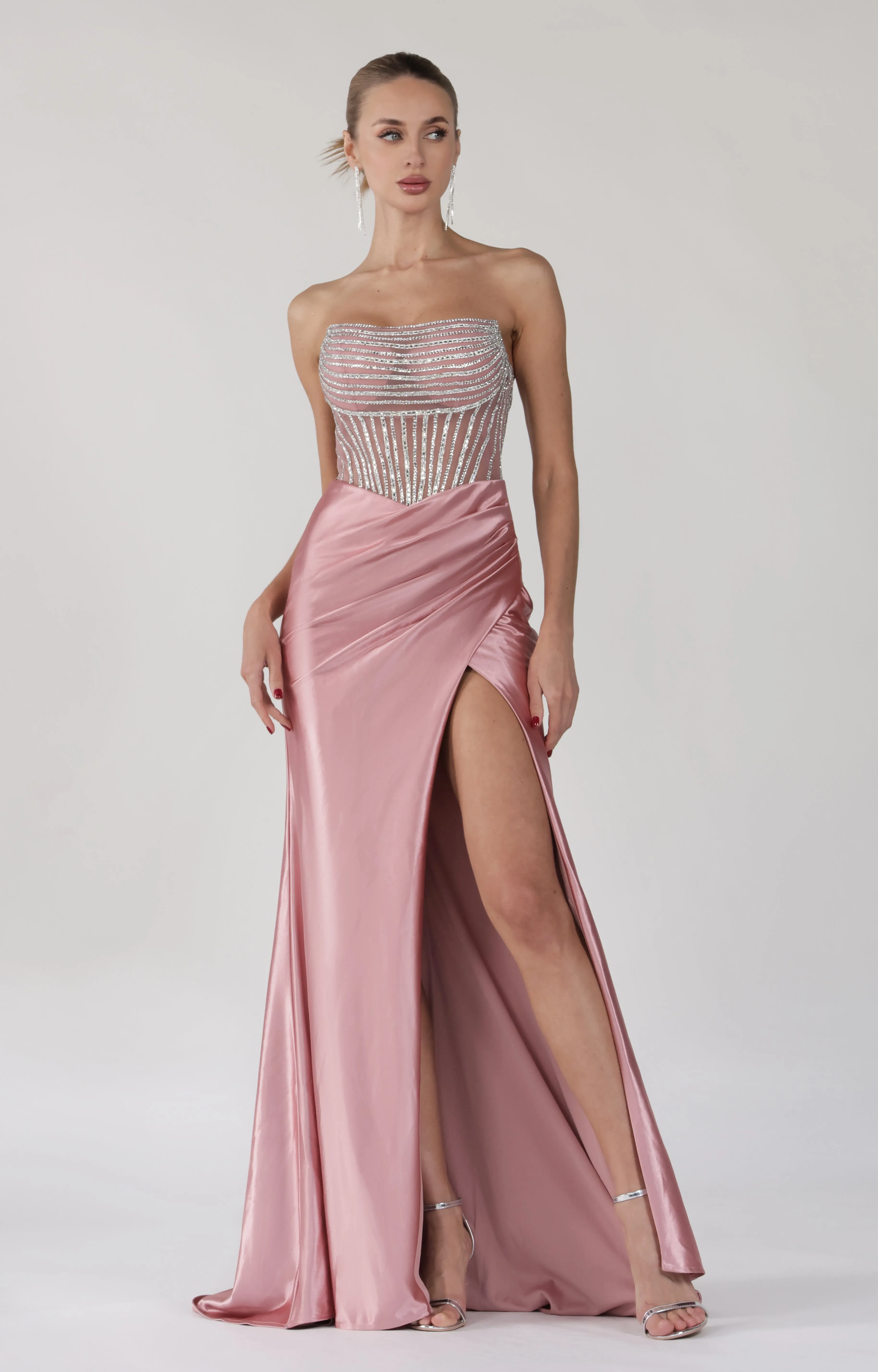 Beaded Strapless Sheer Waist High Split Dress with Train