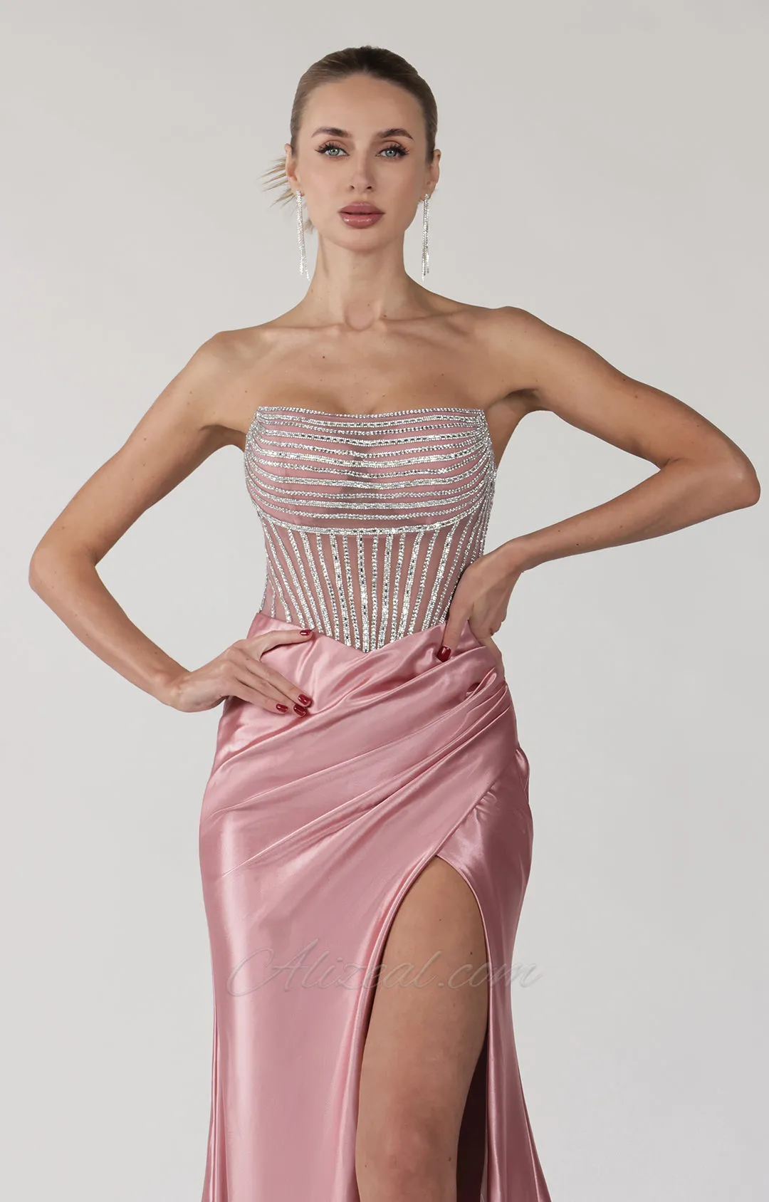 Beaded Strapless Sheer Waist High Split Dress with Train