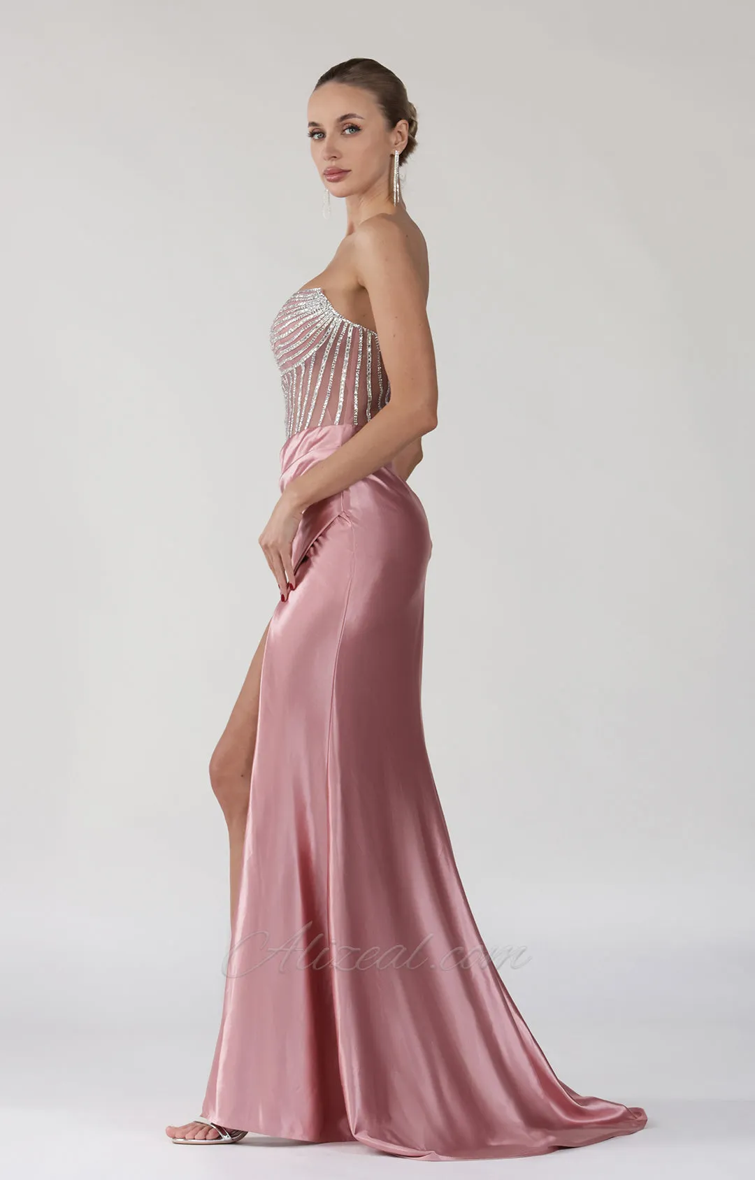 Beaded Strapless Sheer Waist High Split Dress with Train
