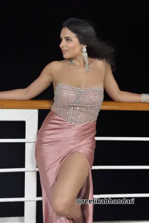 Beaded Strapless Sheer Waist High Split Dress with Train