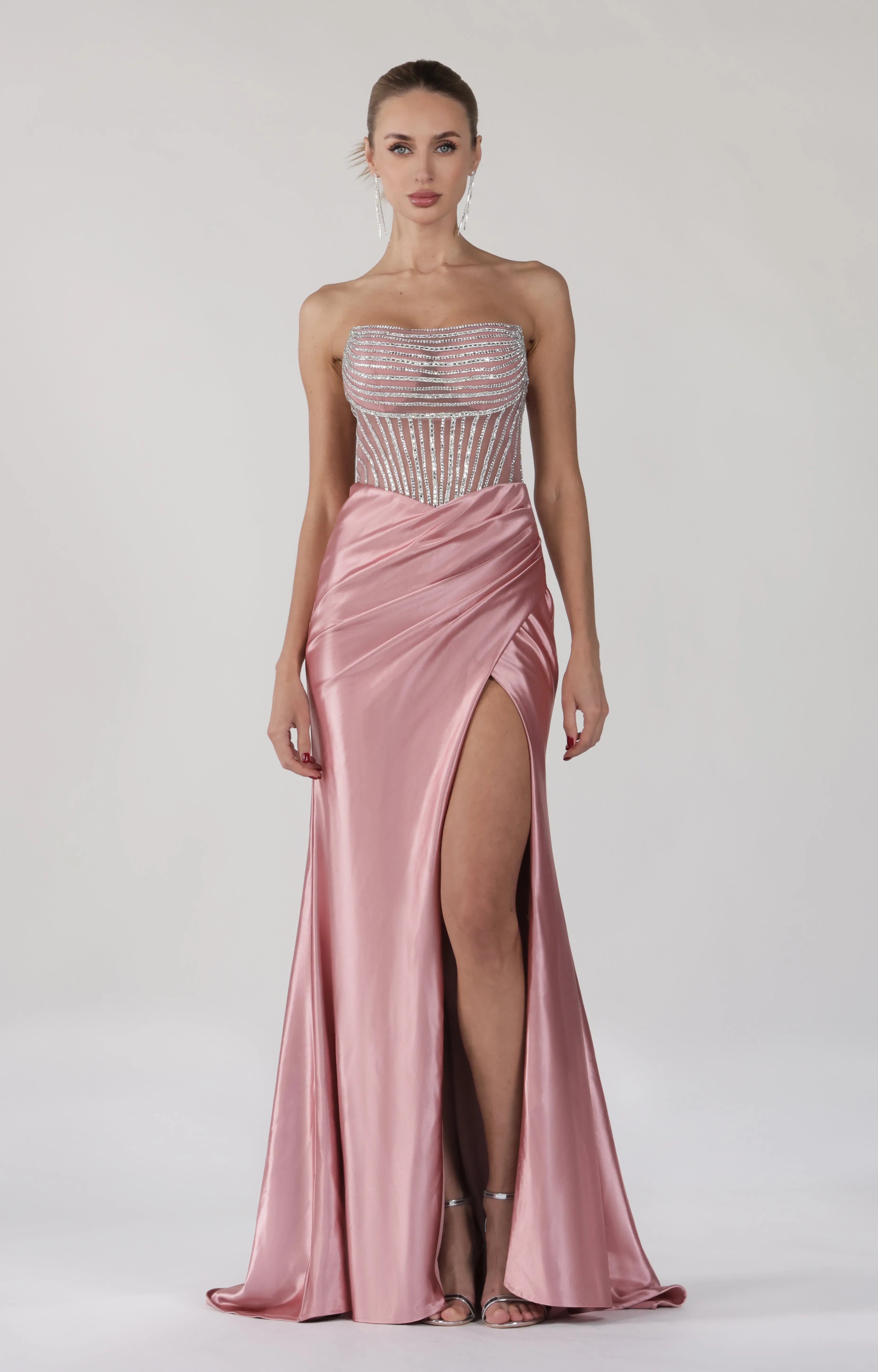 Beaded Strapless Sheer Waist High Split Dress with Train