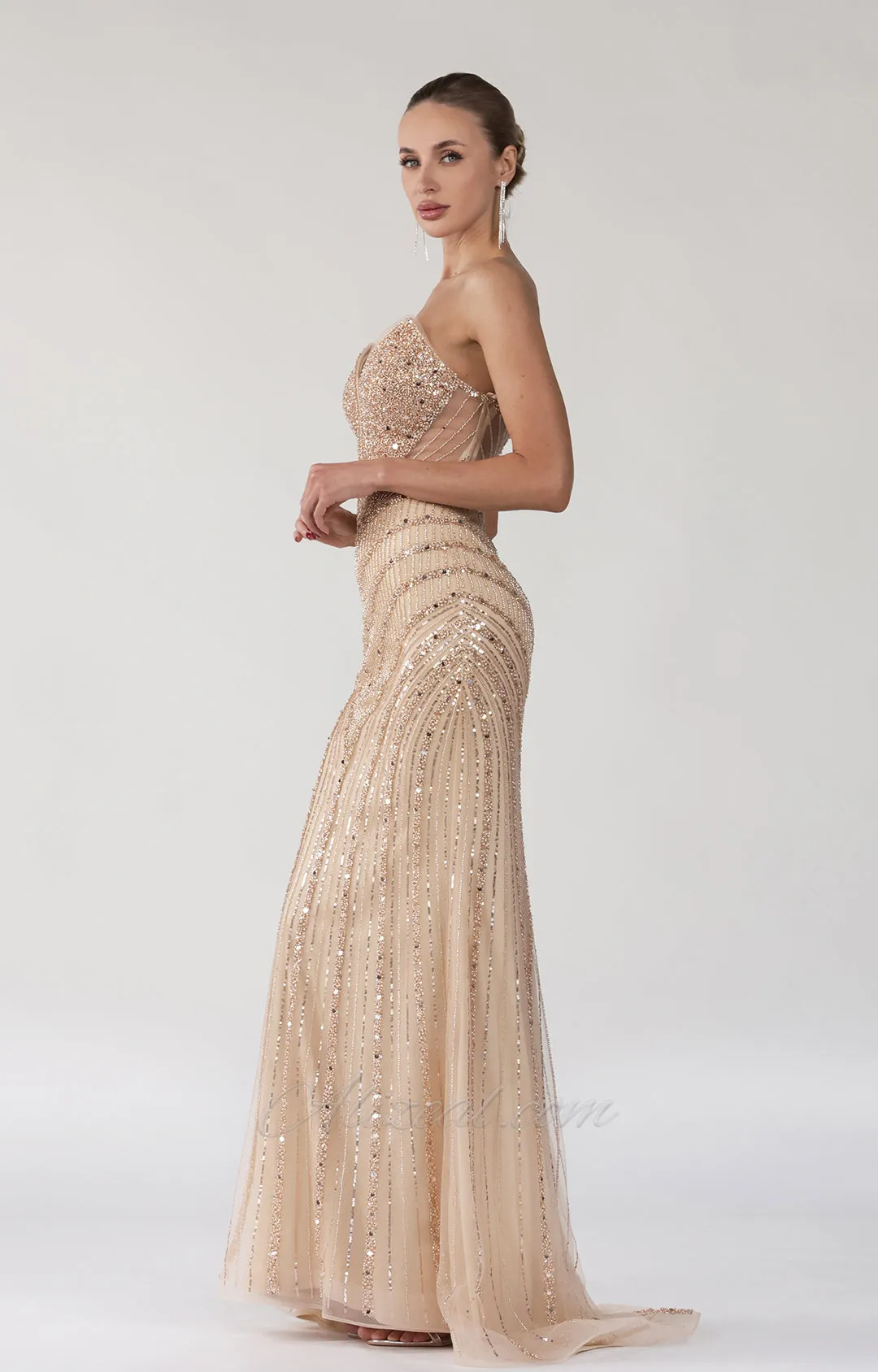 Beaded V-Neck Sequin Strapless Tulle Lace-up Dress