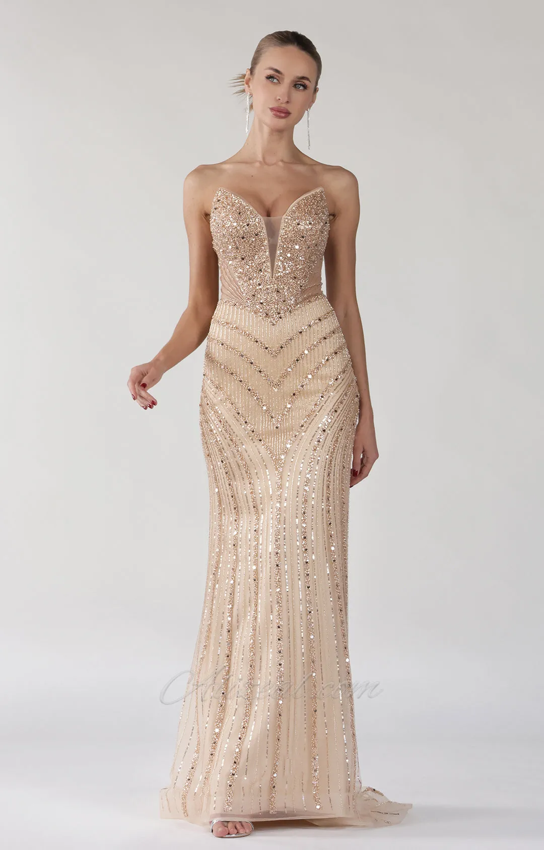 Beaded V-Neck Sequin Strapless Tulle Lace-up Dress