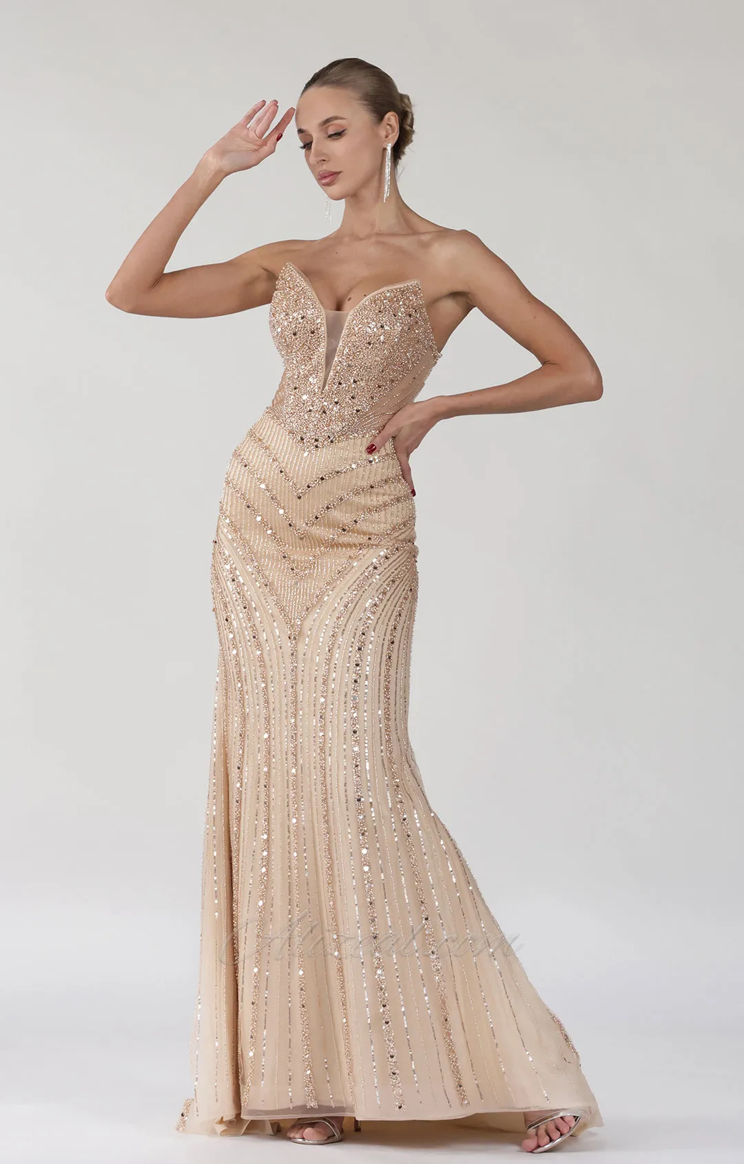 Beaded V-Neck Sequin Strapless Tulle Lace-up Dress